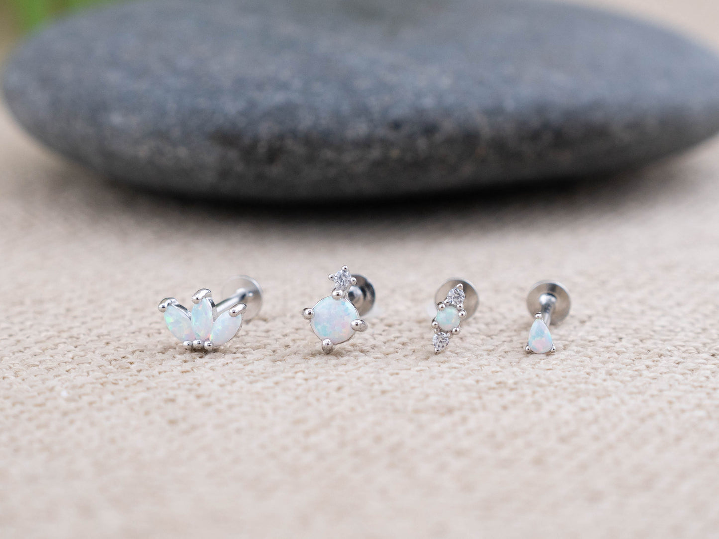 Tiny opal flatback earrings piercing set