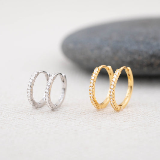 Pave hoop earrings huggie hoops 14K Gold, diamond hoop, pave hoop thin, dainty jewelry, small mini hoop, brides maid sister anniversary gift
