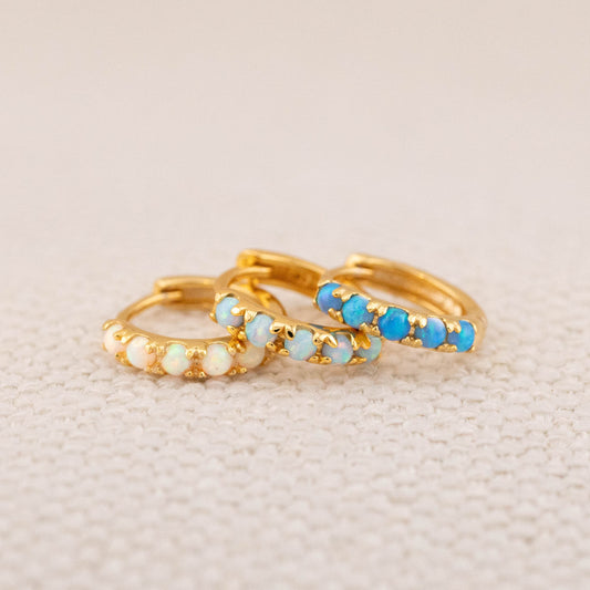 Dainty fire opal huggie hoops
